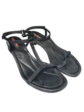 PRADA Women's Leather T-Strap Kitten Heel Sandals - Black, Sz 38.5 IT/ 8.5 US